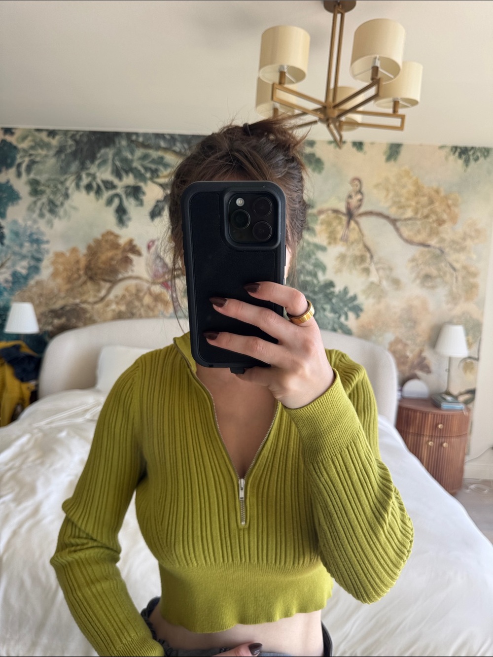 Anthropologie Olive-Green Cropped Ribbed Zip Sweater